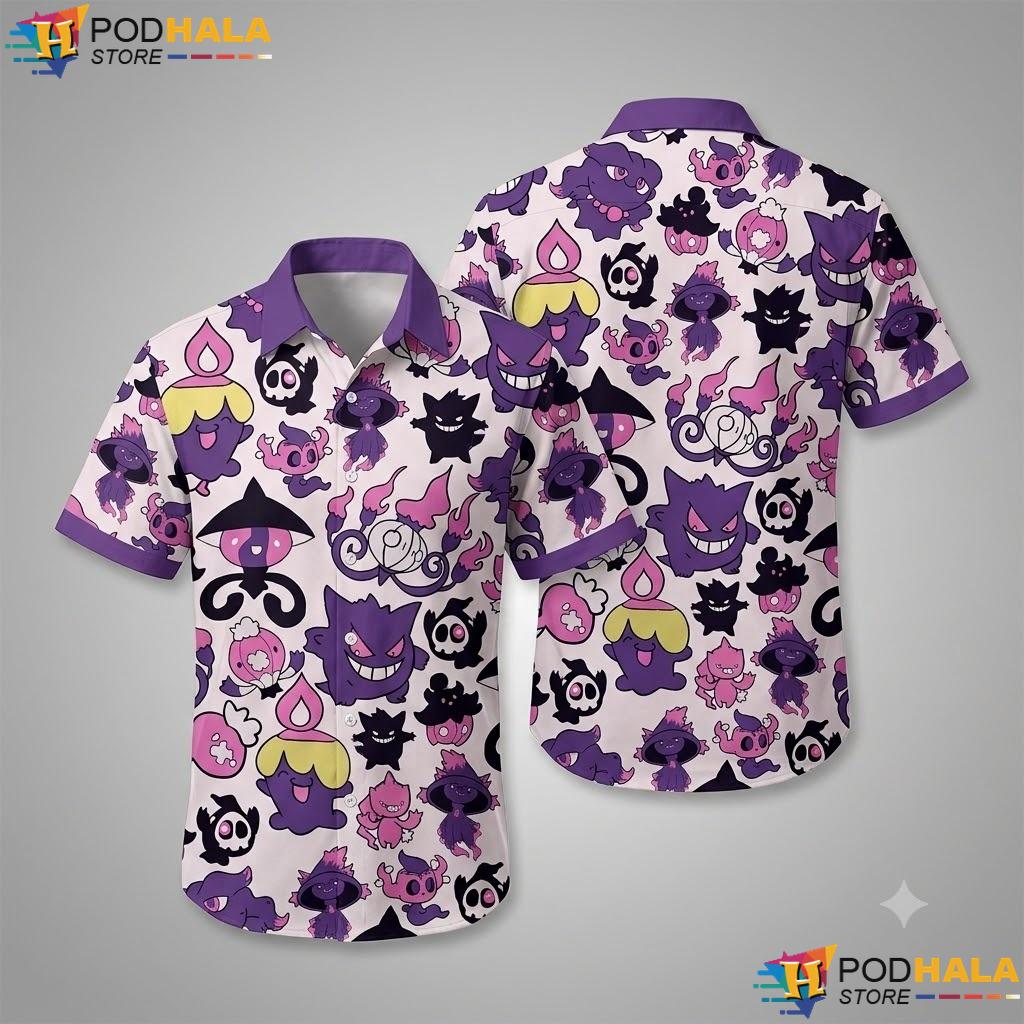 Gengar Mismagius Aloha Shirt Purple Ghost Pattern Kawaii Summer Top Gengar Mismagius Aloha Shirt Purple Ghost Pattern Kawaii Summer Top