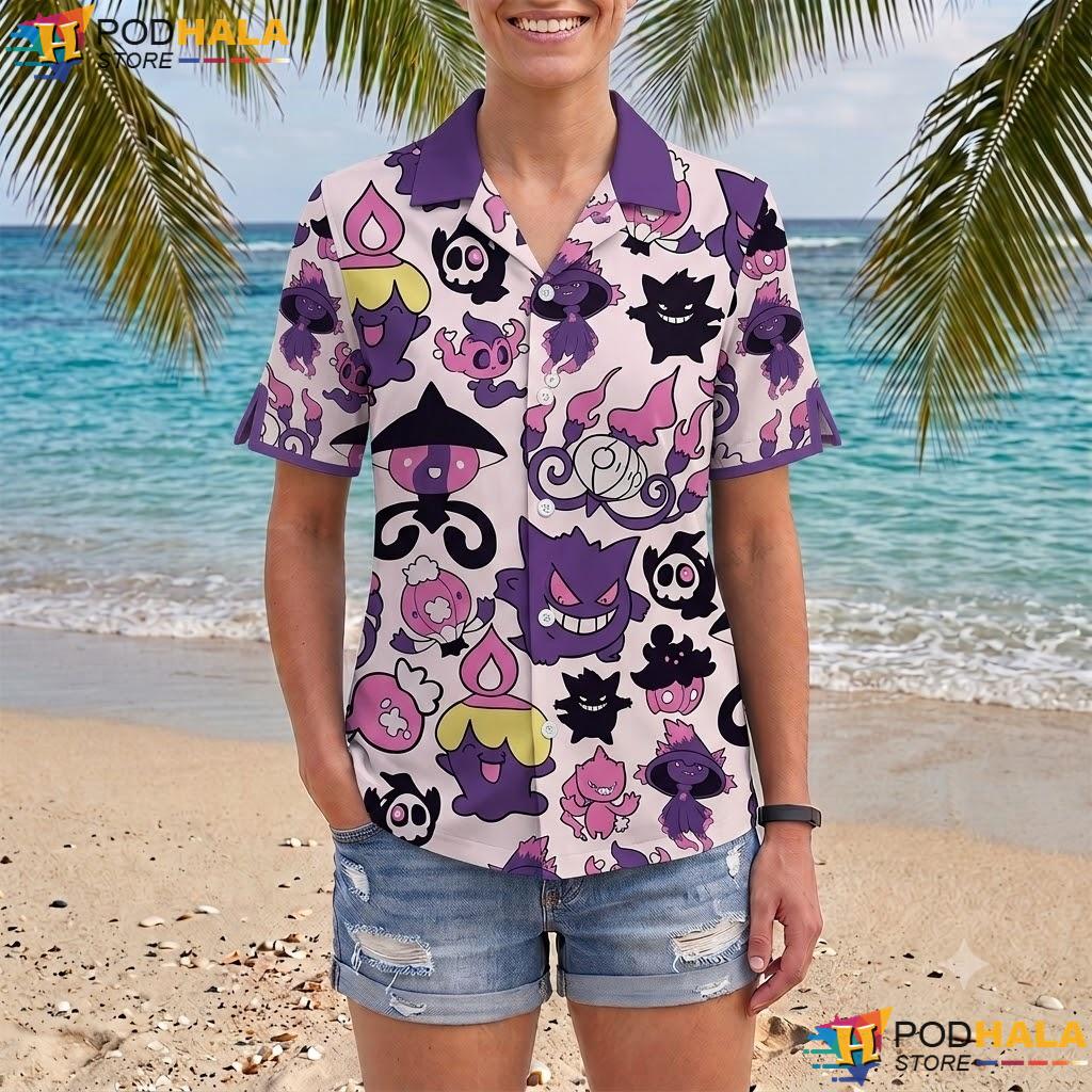 Gengar Mismagius Short-sleeve button-up shirt Purple Ghost Pattern Kawaii Summer Top Gengar Mismagius Short-sleeve button-up shirt Purple Ghost Pattern Kawaii Summer Top