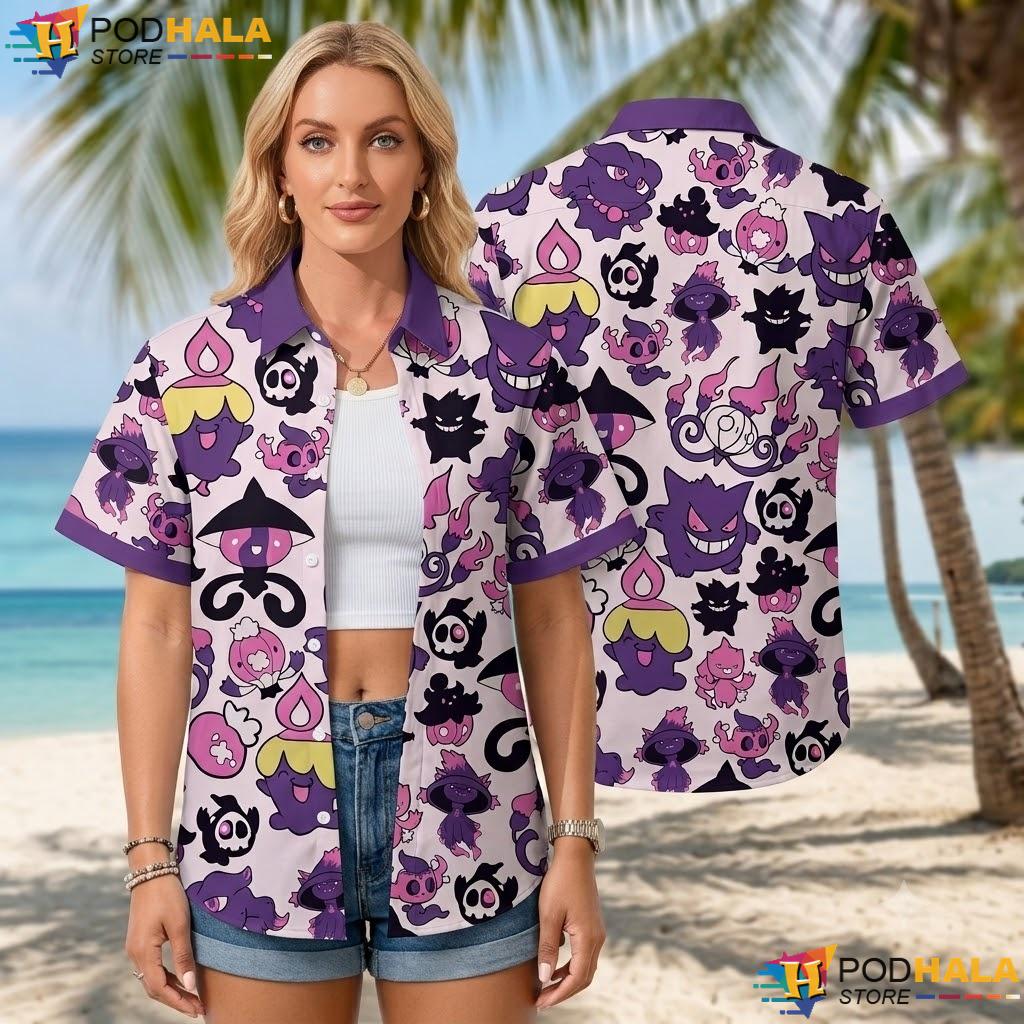 Gengar Mismagius Aloha Shirt Purple Ghost Pattern Kawaii Summer Top Gengar Mismagius Aloha Shirt Purple Ghost Pattern Kawaii Summer Top