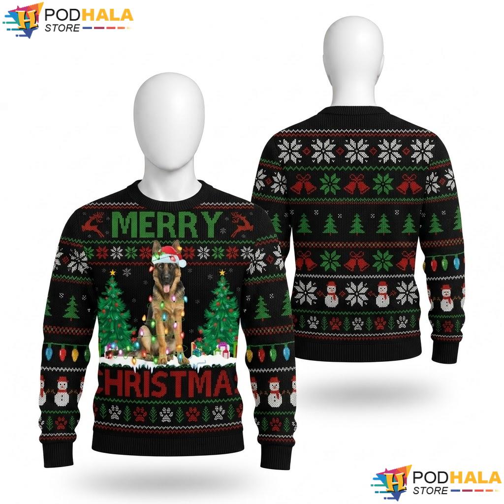 German Shepherd Lights Ugly Christmas Sweater Funny Dog Holiday Top