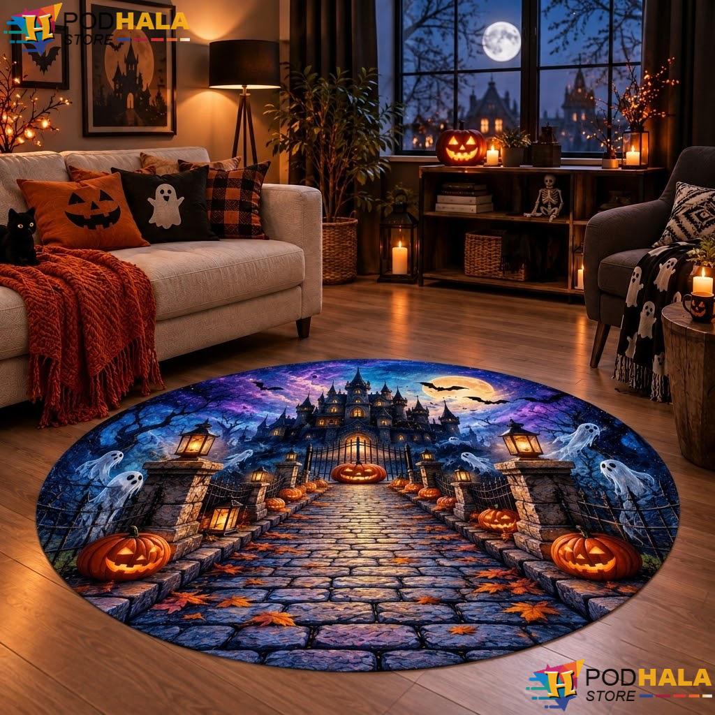 Ghost Pumpkin Castle Halloween Round Area Rug 3D Haunted Optical Decor