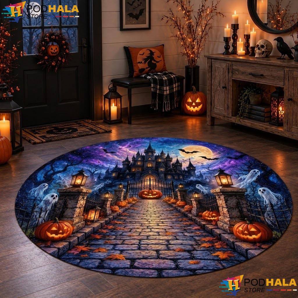 Ghost Pumpkin Castle Halloween Round Area Rug 3D Haunted Optical Decor - View 1 Ghost Pumpkin Castle Halloween Round Area Rug 3D Haunted Optical Decor - View 1
