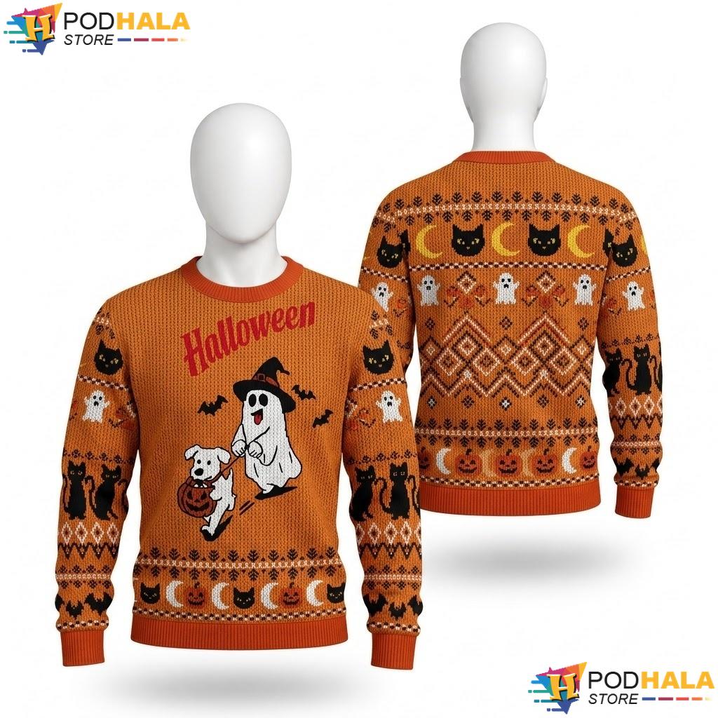 Ghost Puppy Orange Halloween Sweater Cute Playful Festive Winter Wear