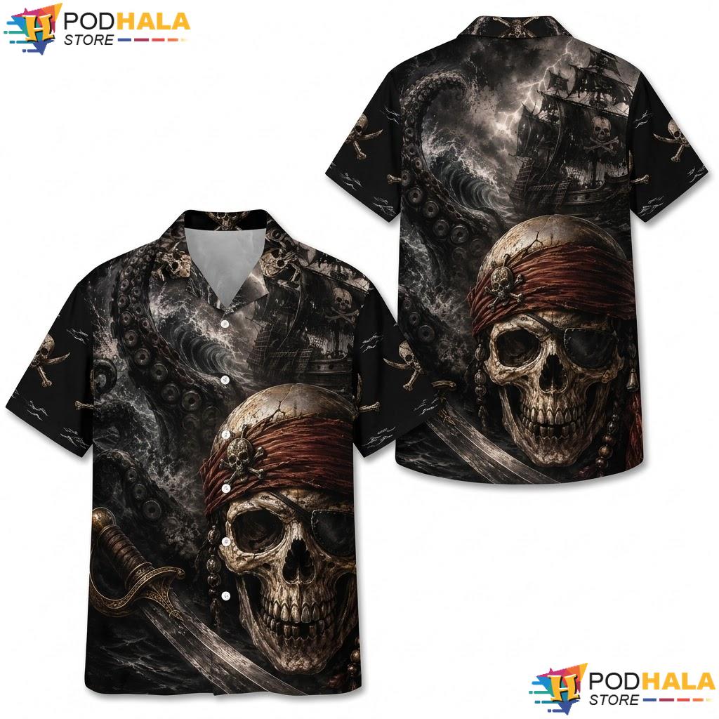 Ghost Ship Wave Hawaiian Shirt Menacing Octopus Skull Pirate Apparel