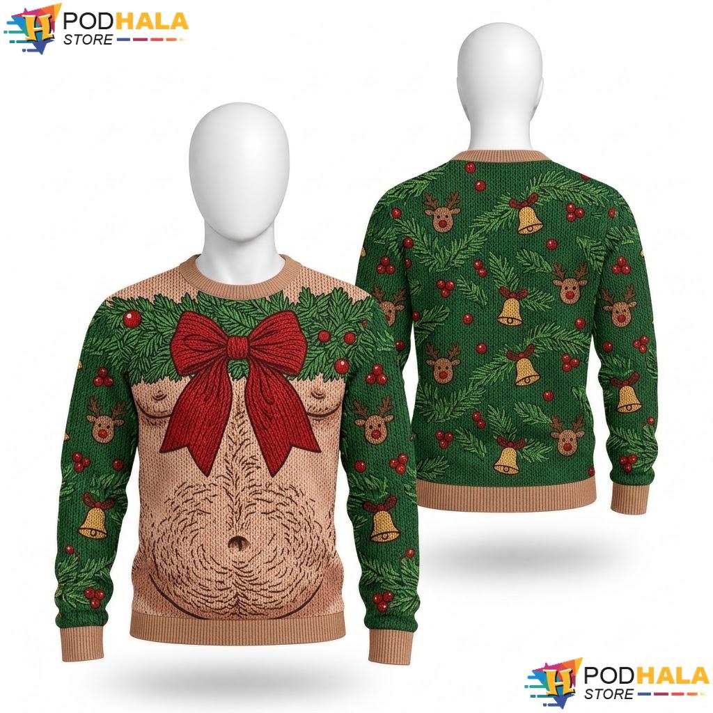 Gift Bow Reindeer Ugly Christmas Sweater Humorous Bells Holiday Top