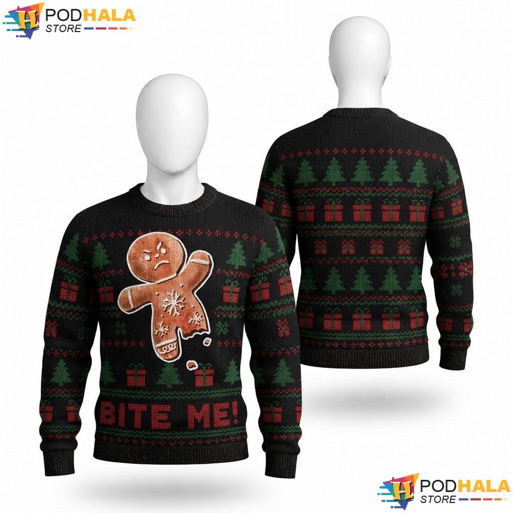 Gingerbread Man Ugly Christmas Sweater Bite Me Funny Holiday Top