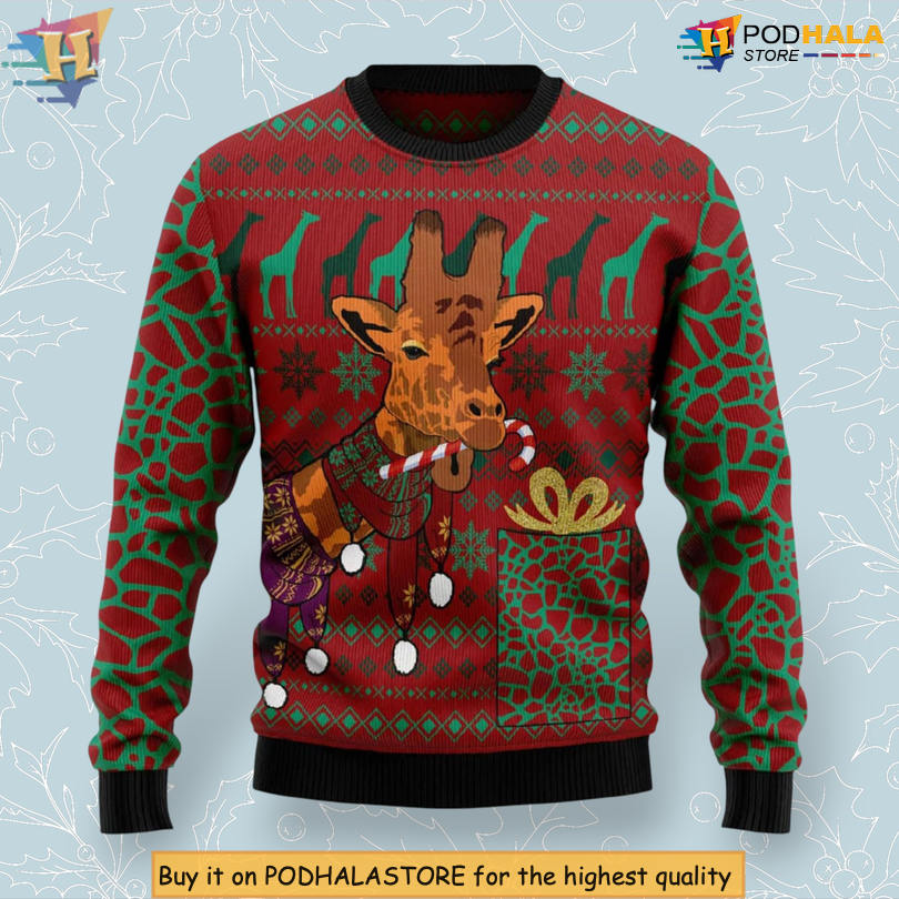 Giraffe Wearing Scarves Cute Winter Scene Cozy Christmas Sweater