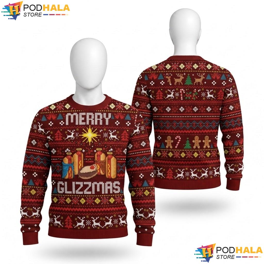 Glizzmas Hot Dog Food Pun Ugly Christmas Sweater Retro Funny Xmas Top
