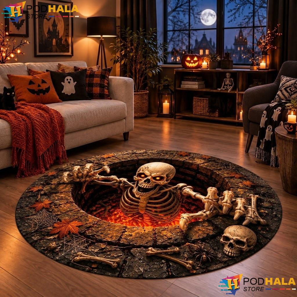 Glowing Eyes Skeleton Halloween Round Area Rug 3D Spooky Optical Decor