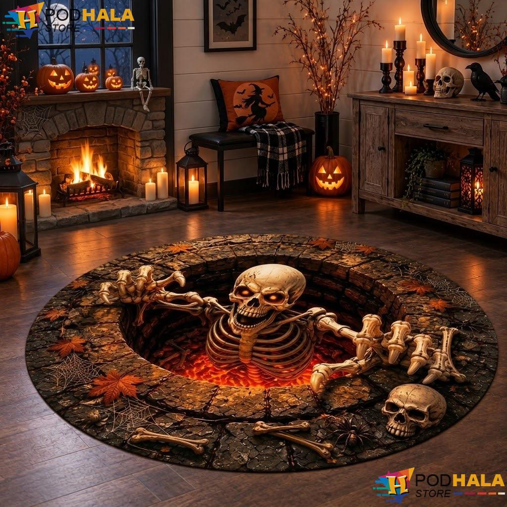 Glowing Eyes Skeleton Halloween Round Area Rug 3D Spooky Optical Decor - View 1 Glowing Eyes Skeleton Halloween Round Area Rug 3D Spooky Optical Decor - View 1
