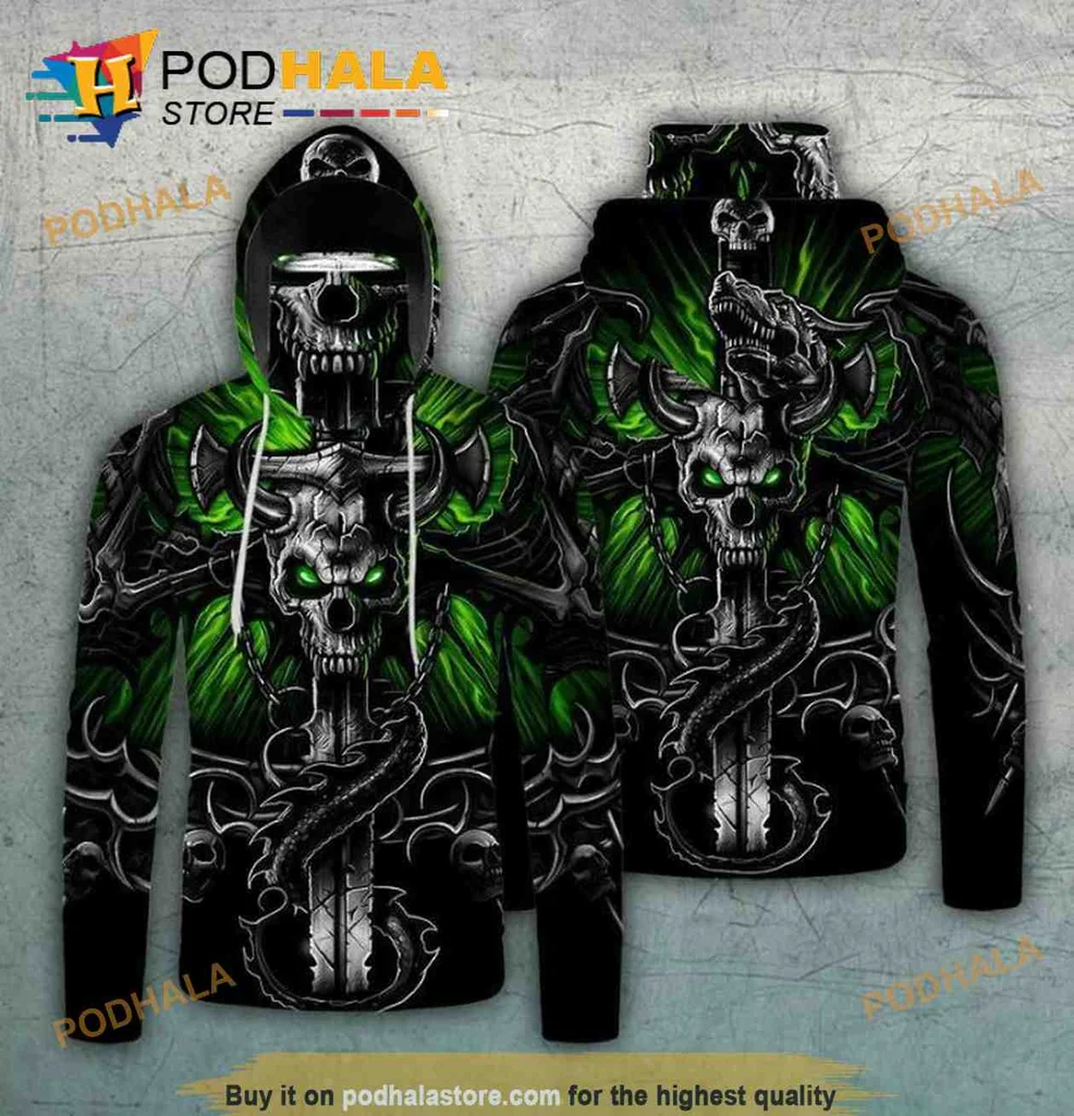 Glowing Green Skull 3d Hoodie With Eerie Flames And Gothic Design