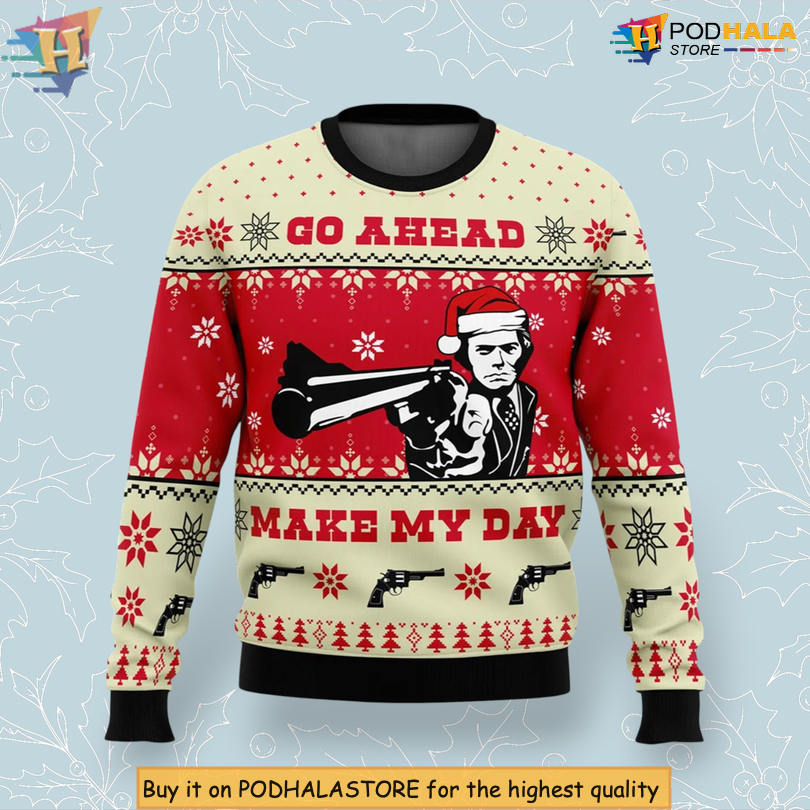 Go Ahead Make My Day Funny Quote Vintage Film Style Holiday Christmas Sweater