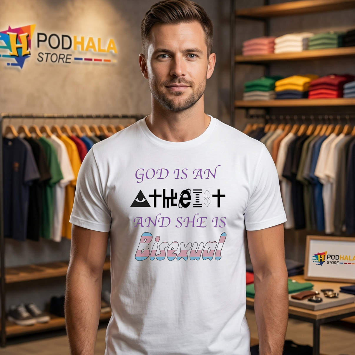 God Is An Atheist Shirt And She Is Bisexual Funny Humor Graphic Design Lovers