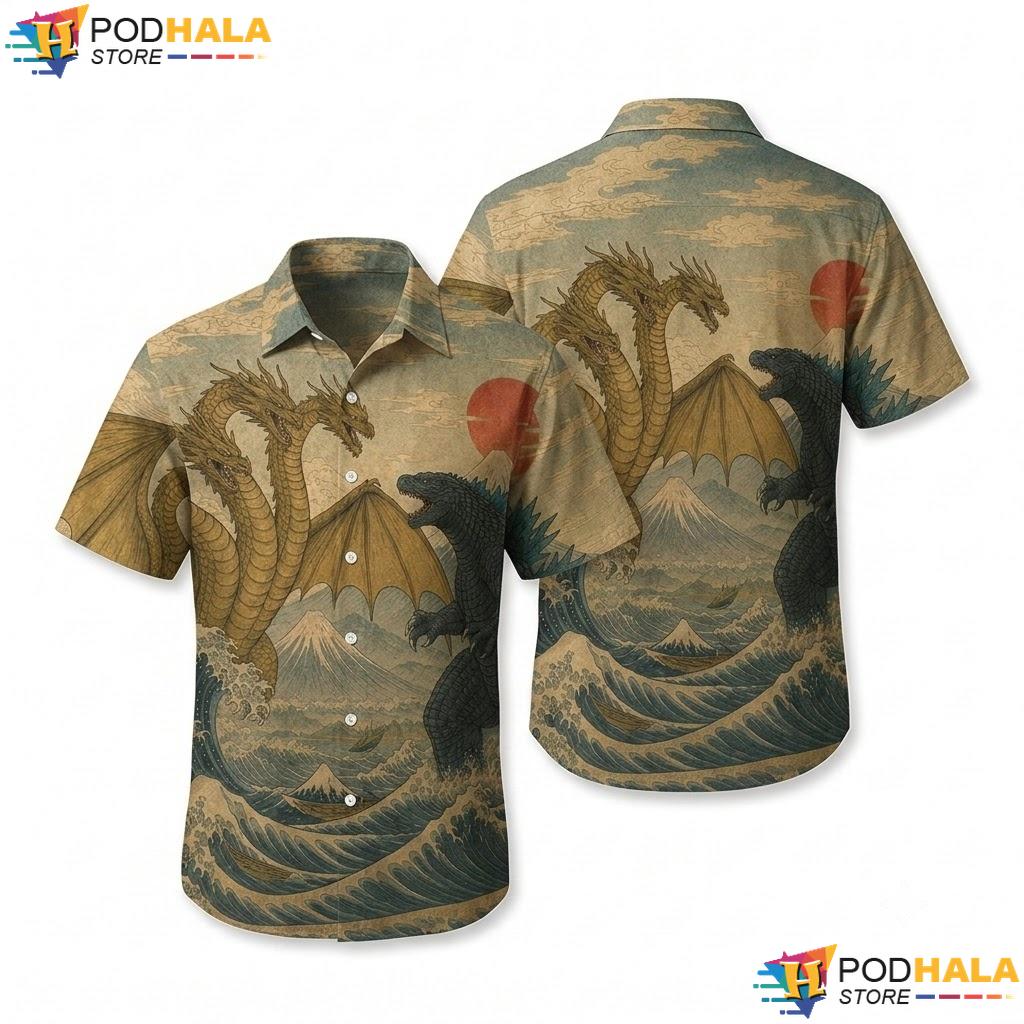 Godzilla King Ghidorah Aloha Shirt Retro Kaiju Japanese Monster Top