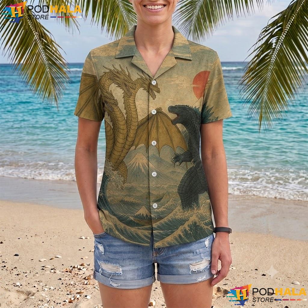 Godzilla King Ghidorah Short-sleeve button-up shirt Retro Kaiju Japanese Monster Top Godzilla King Ghidorah Short-sleeve button-up shirt Retro Kaiju Japanese Monster Top