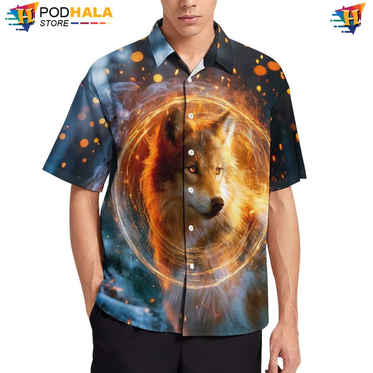 Golden Aura Wolf Hawaiian Shirt Mens Moon Cool Galaxy Print Festival Gear