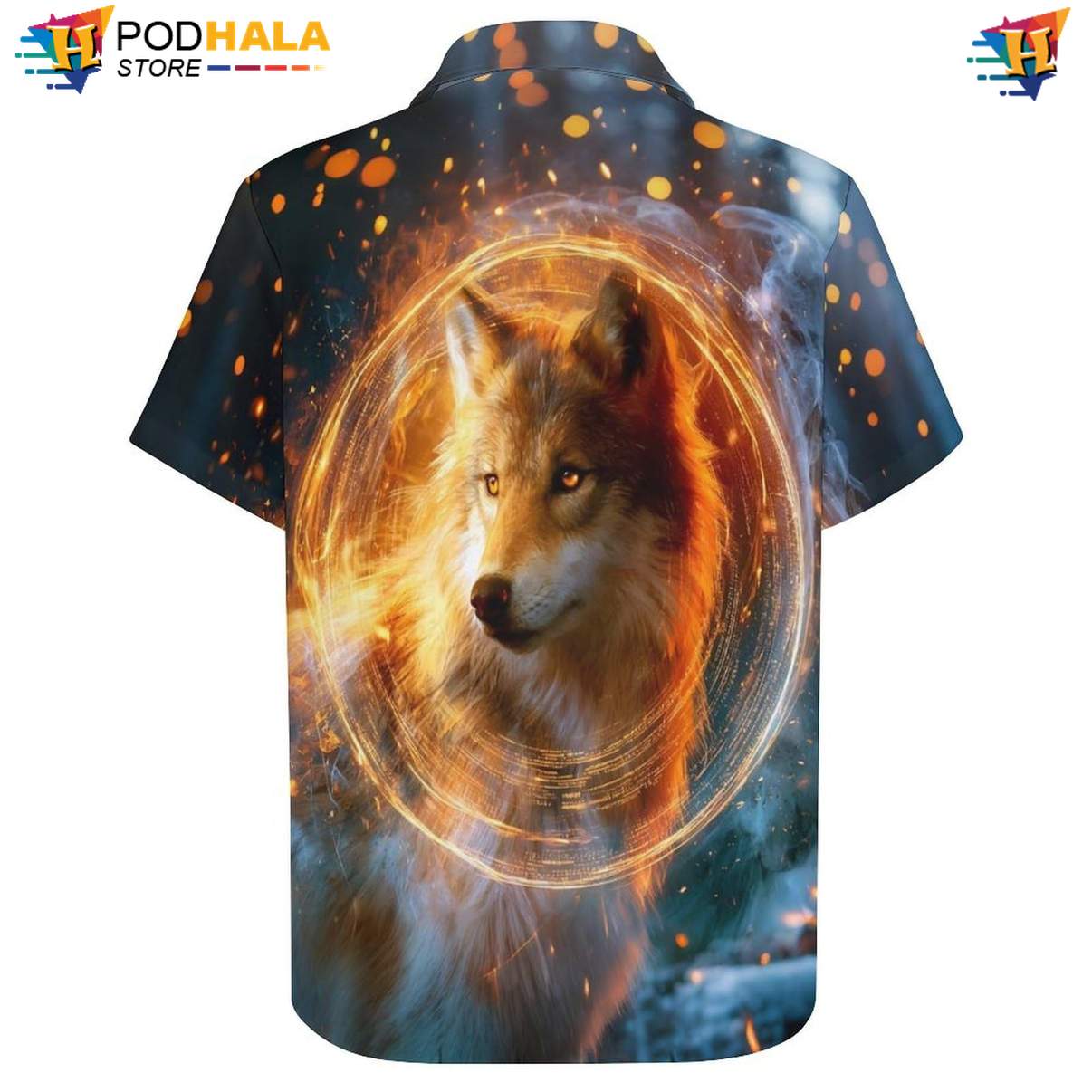 Golden Aura Wolf Short-sleeve button-up shirt Mens Moon Cool Galaxy Print Festival Gear Golden Aura Wolf Short-sleeve button-up shirt Mens Moon Cool Galaxy Print Festival Gear