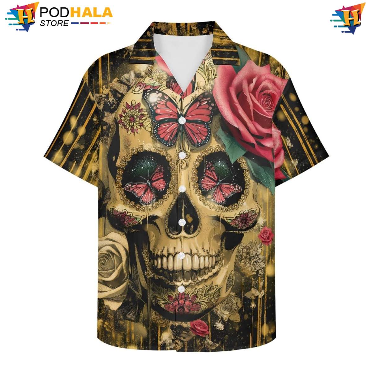 Golden Butterfly Skull Aloha Shirt Mens Floral Spread Collar Beach Clothing