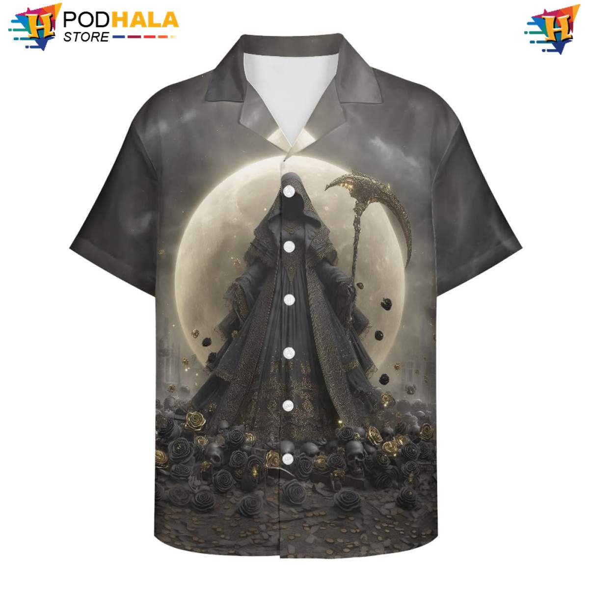 Golden Moon Reaper Hawaiian Shirt Mens Floral Beach Button Down Island Gear
