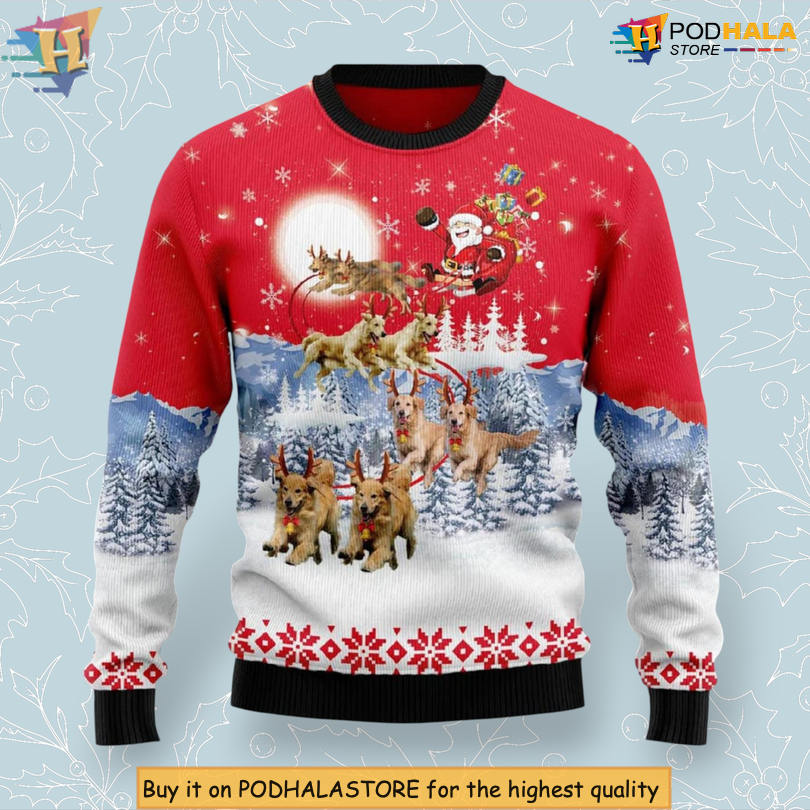 Golden Retriever Santa Reindeer Outfit Graphic Design Warm Christmas Sweater Golden Retriever Santa Reindeer Outfit Graphic Design Warm Christmas Sweater