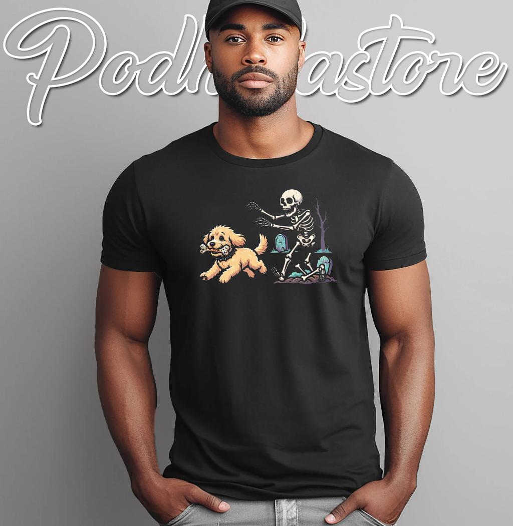 Goldendoodle Stealing Bone Skeleton T-Shirt Funny Dog Halloween Top