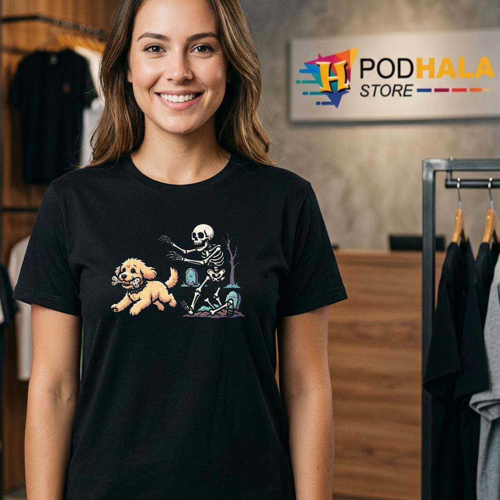 Goldendoodle Stealing Bone Skeleton Tee Funny Dog Halloween Top Goldendoodle Stealing Bone Skeleton Tee Funny Dog Halloween Top