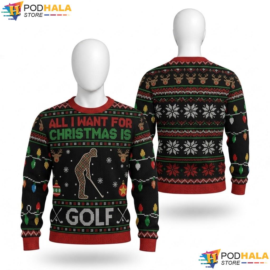 Golf Funny Ugly Christmas Sweater All I Want Festive Holiday Mens