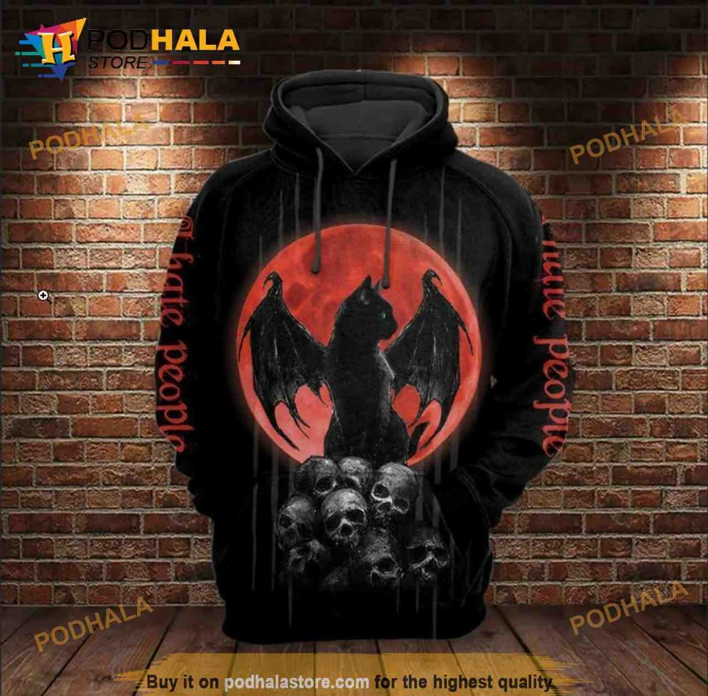Gothic Black Cat Skull 3d Hoodie With I Hate People Design