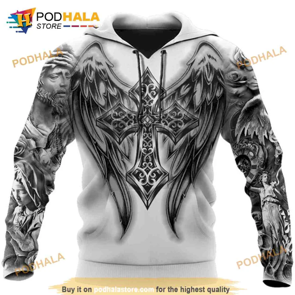 Gothic Cross Wings 3d Hoodie Featuring Ornate Religious Design