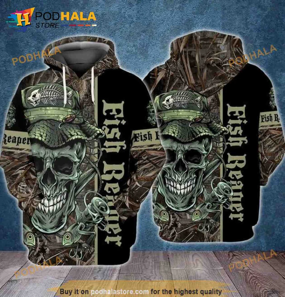 Gothic Fish Reaper Skull 3d Hoodie With Fishing Hat And Dark Design