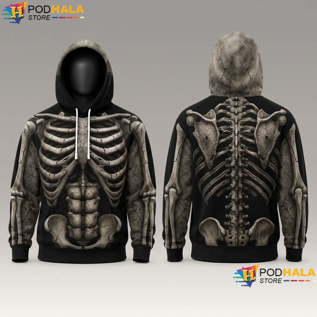 Gothic Halloween All Over Print Hoodie Skeleton Skull Horror Costume Top