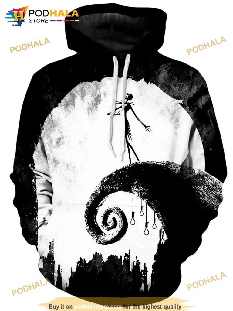 Gothic Jack Skellington 3d Hoodie, Dark Minimalist Design For Halloween Lovers