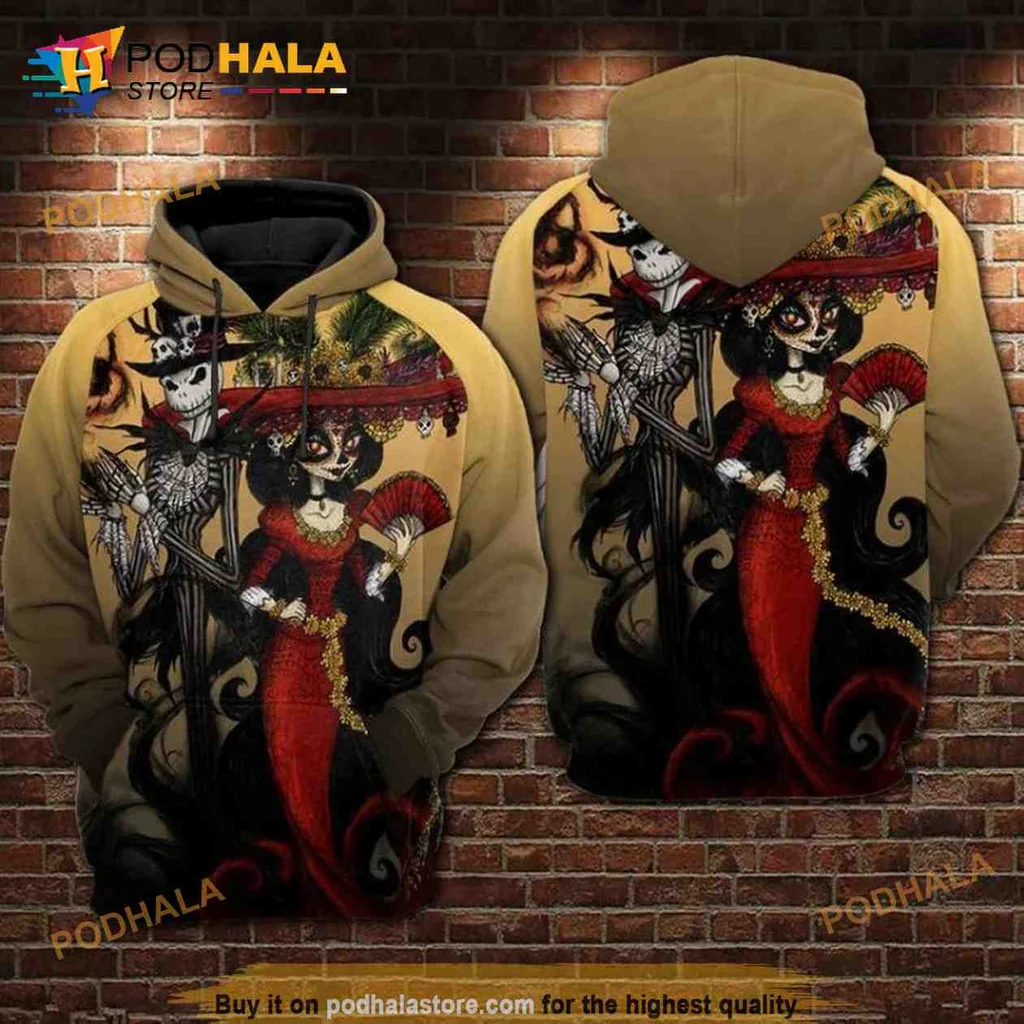Gothic Jack Skellington And Sally 3d Hoodie With Dark Elegance