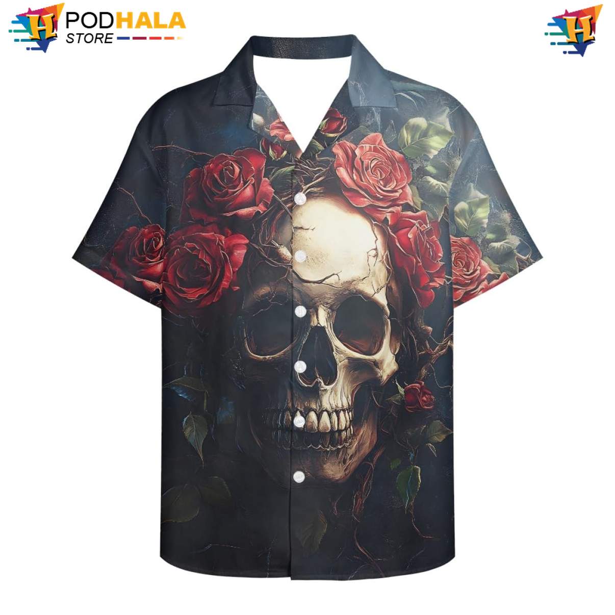 Gothic Red Rose Skull Aloha Shirt Mens Floral Beach Button Down Apparel Top