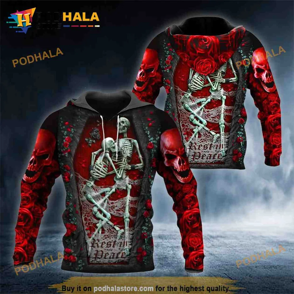 Gothic Red Skull 3d Hoodie With Intricate Roses And Snake Design