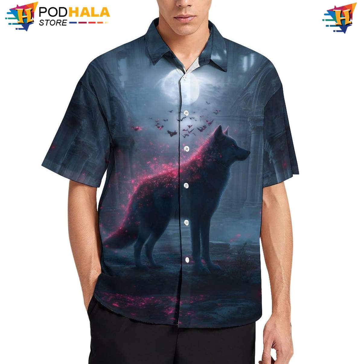 Gothic Wolf Hawaiian Shirt Mens Cool Print Casual Graphic Holiday Resort Top