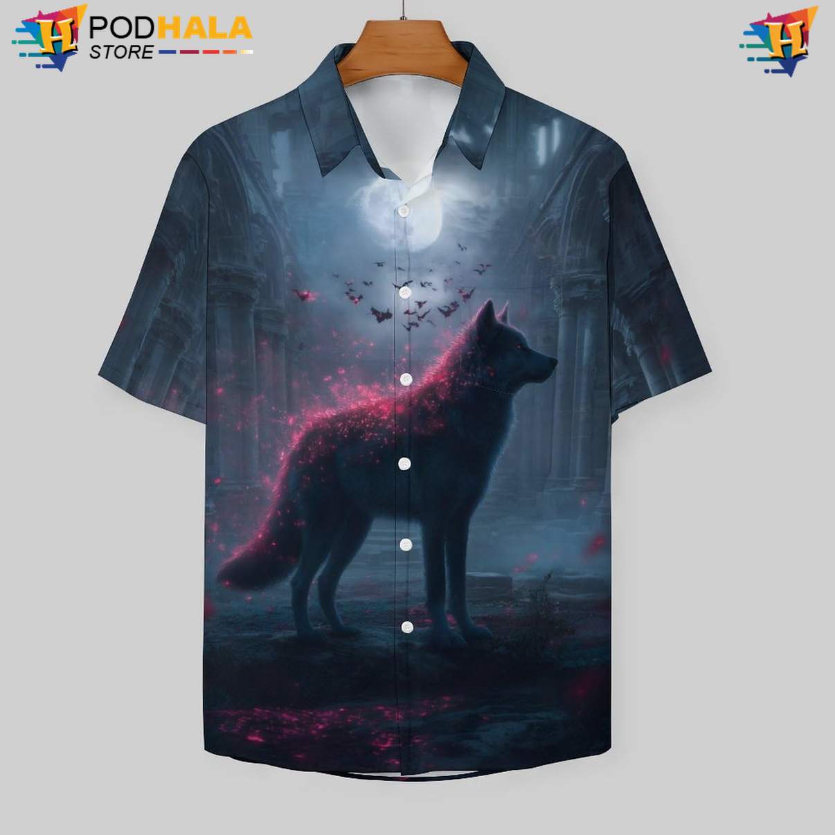 Gothic Wolf Aloha Shirt Mens Cool Print Casual Graphic Holiday Resort Top Gothic Wolf Aloha Shirt Mens Cool Print Casual Graphic Holiday Resort Top