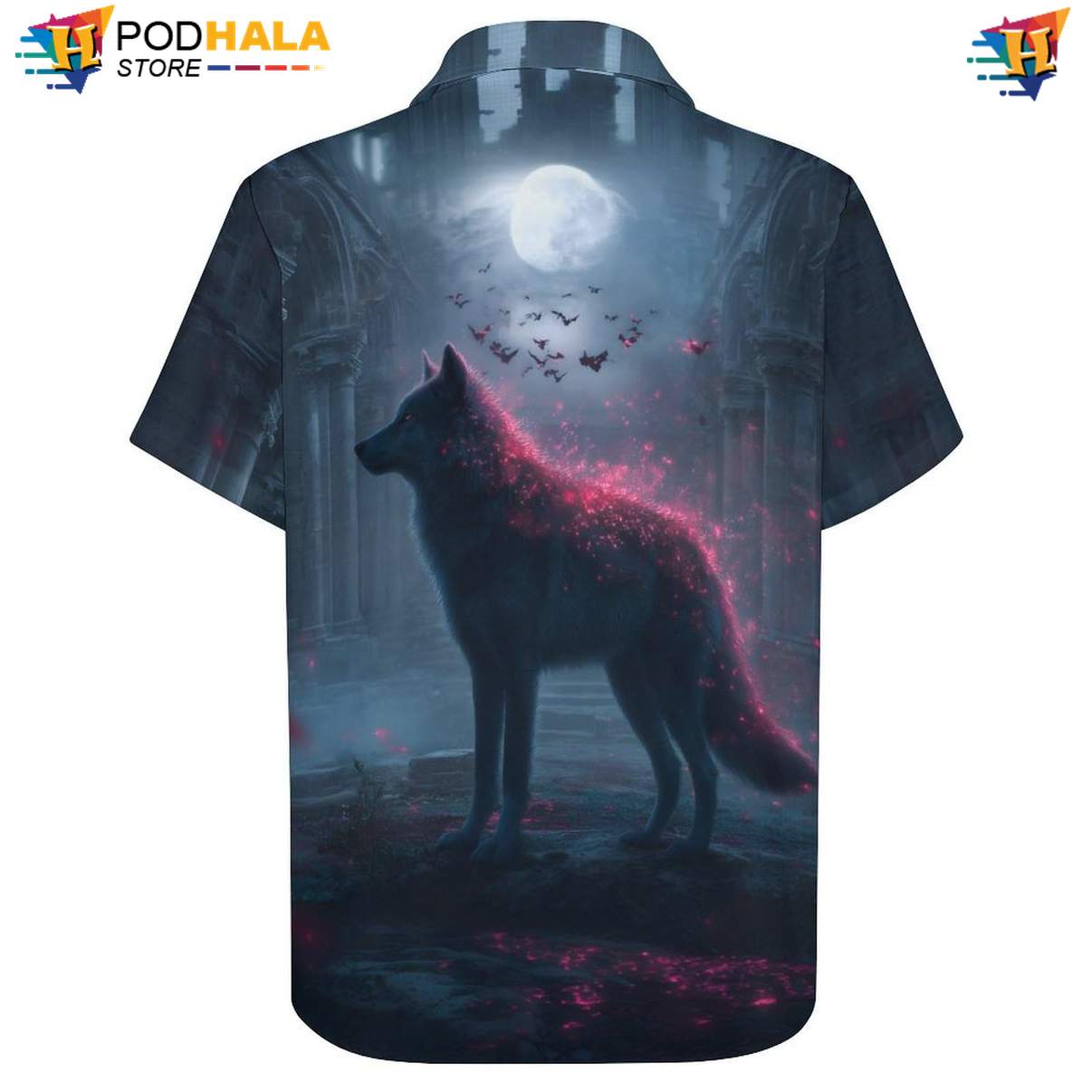 Gothic Wolf Short-sleeve button-up shirt Mens Cool Print Casual Graphic Holiday Resort Top Gothic Wolf Short-sleeve button-up shirt Mens Cool Print Casual Graphic Holiday Resort Top