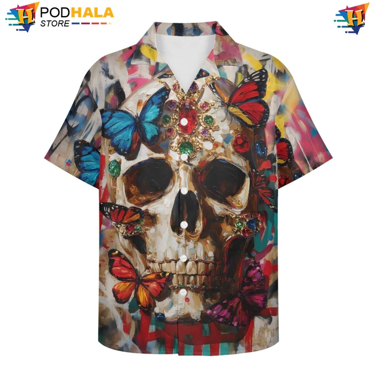 Graffiti Gem Skull Aloha Shirt Mens Floral Spread Collar Beach Button Down