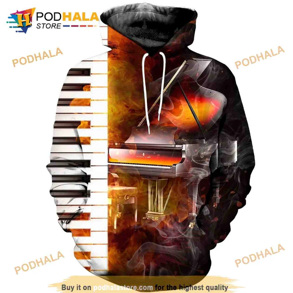 Grand Piano 3d Hoodie With Fiery Artistic Background