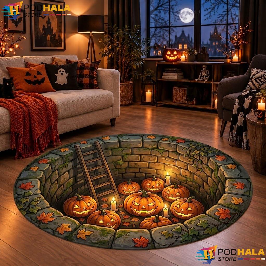 Graveyard Skeleton Skull Halloween Round Area Rug 3D Creepy Gothic Decor