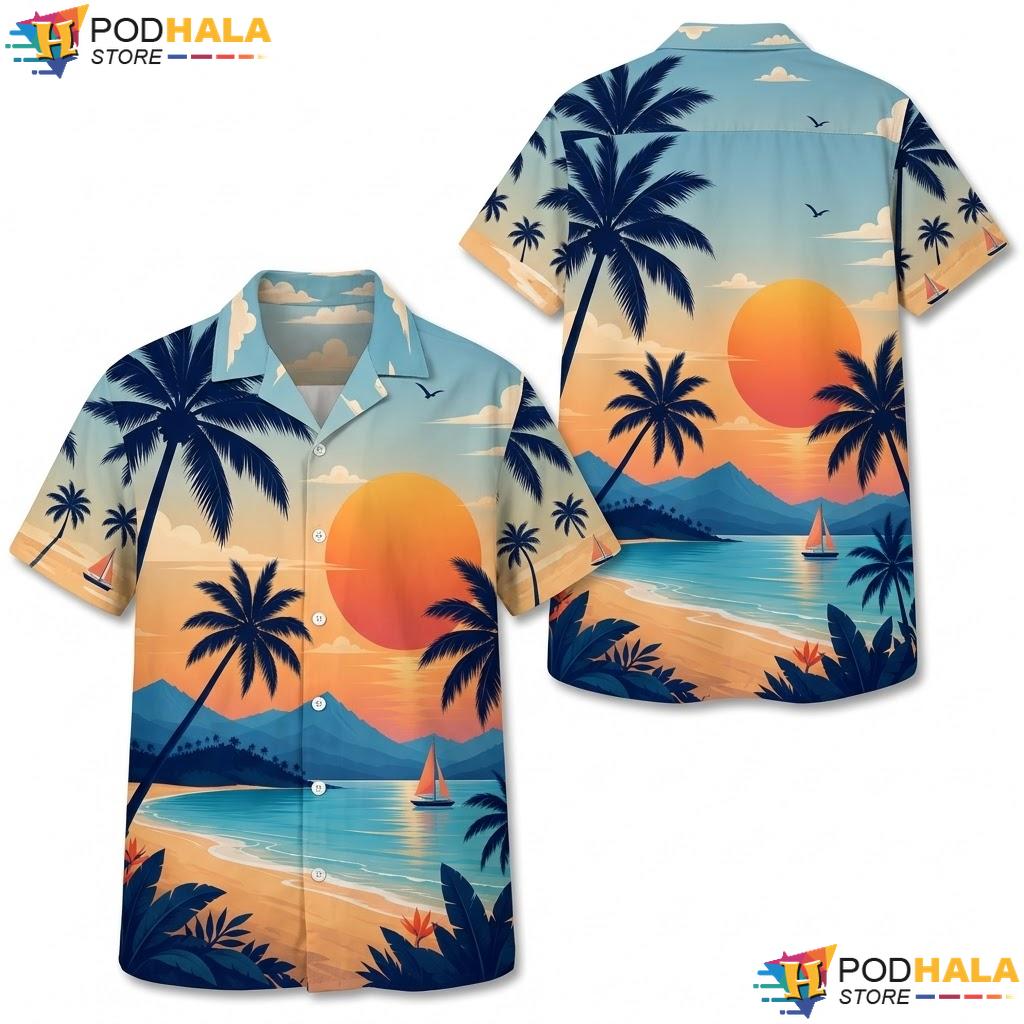 Gray Coconut Tree Beach Sunset Aloha Shirt Tropical Mens Summer Top