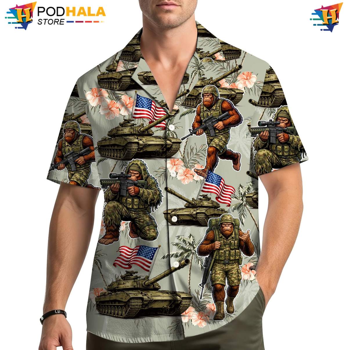 Gray Patriotic Bigfoot Aloha Shirt Mens USA Flag Fourth Of July Camp Gear