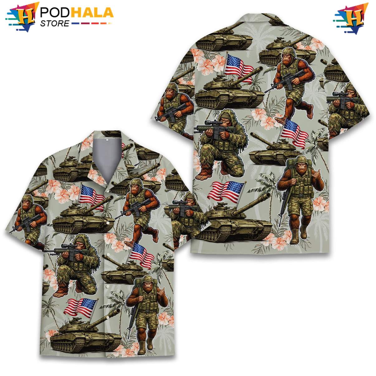 Gray Patriotic Bigfoot Tropical Shirt Mens USA Flag Fourth Of July Camp Gear Gray Patriotic Bigfoot Tropical Shirt Mens USA Flag Fourth Of July Camp Gear