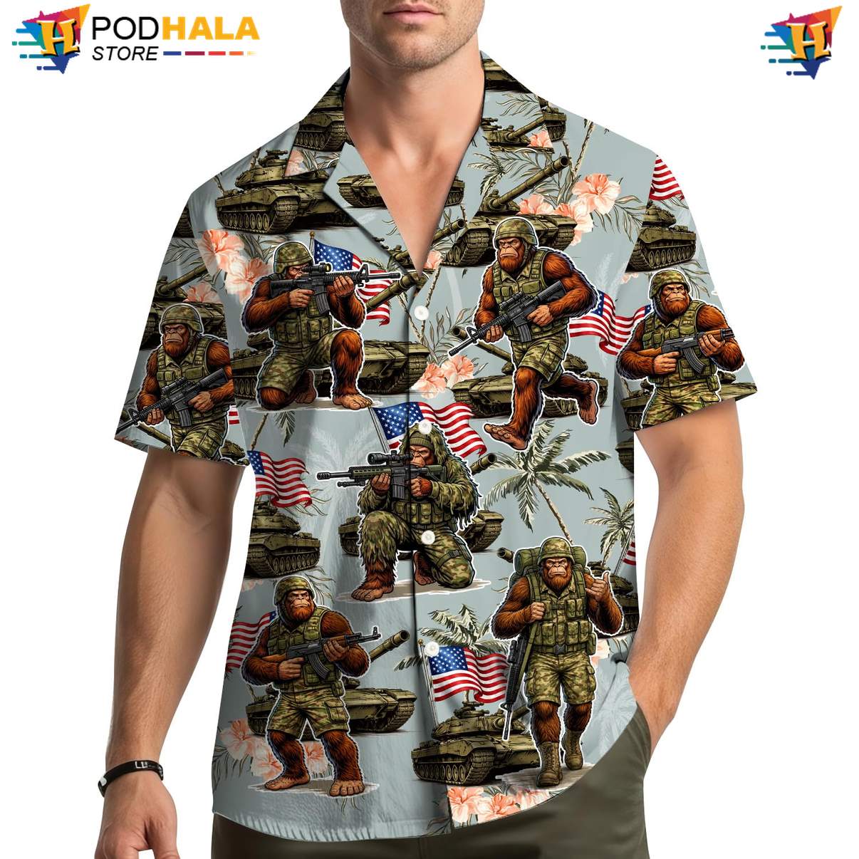 Gray USA Flag Bigfoot Aloha Shirt Mens Patriotic Fourth Of July Apparel