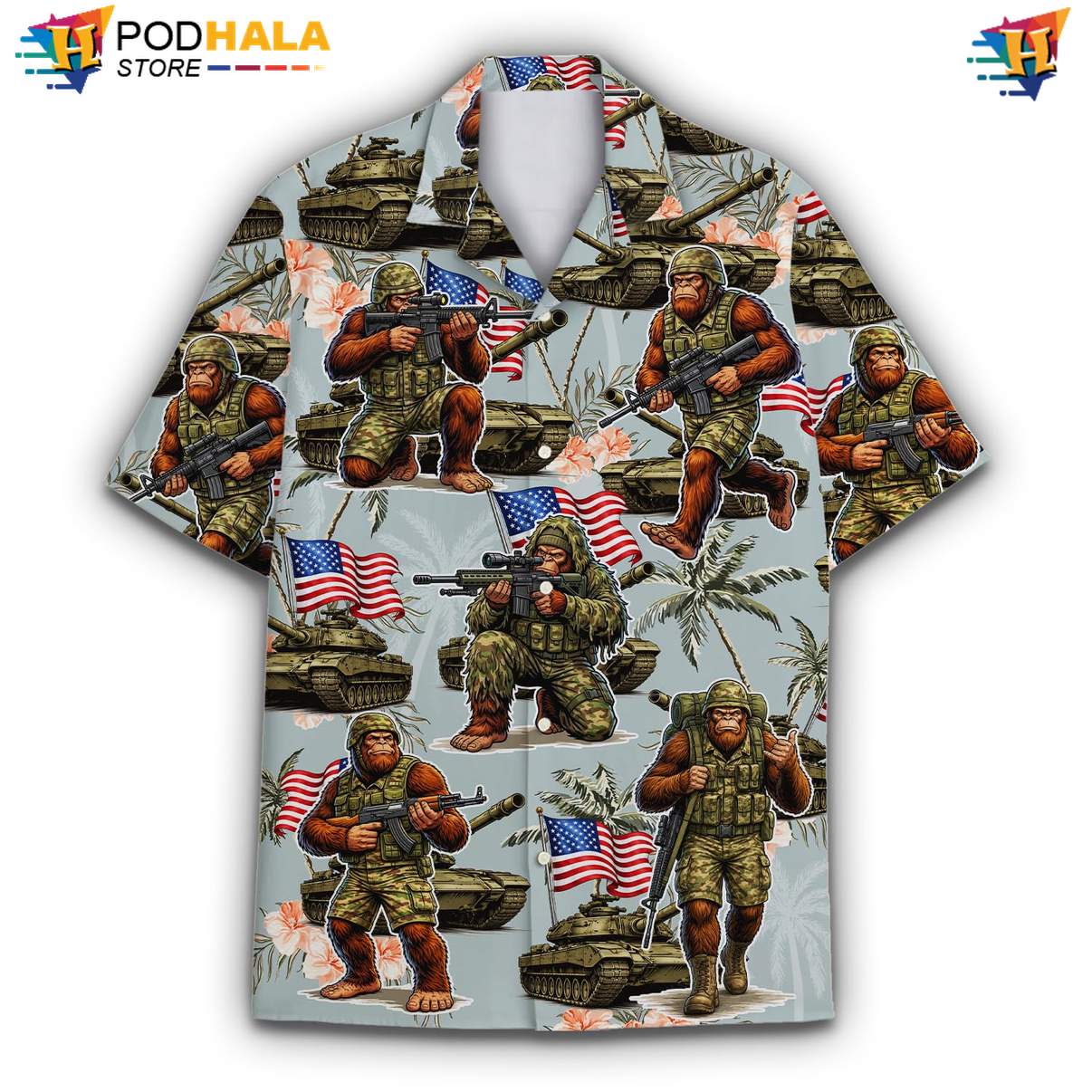 Gray USA Flag Bigfoot Short-sleeve button-up shirt Mens Patriotic Fourth Of July Apparel Gray USA Flag Bigfoot Short-sleeve button-up shirt Mens Patriotic Fourth Of July Apparel