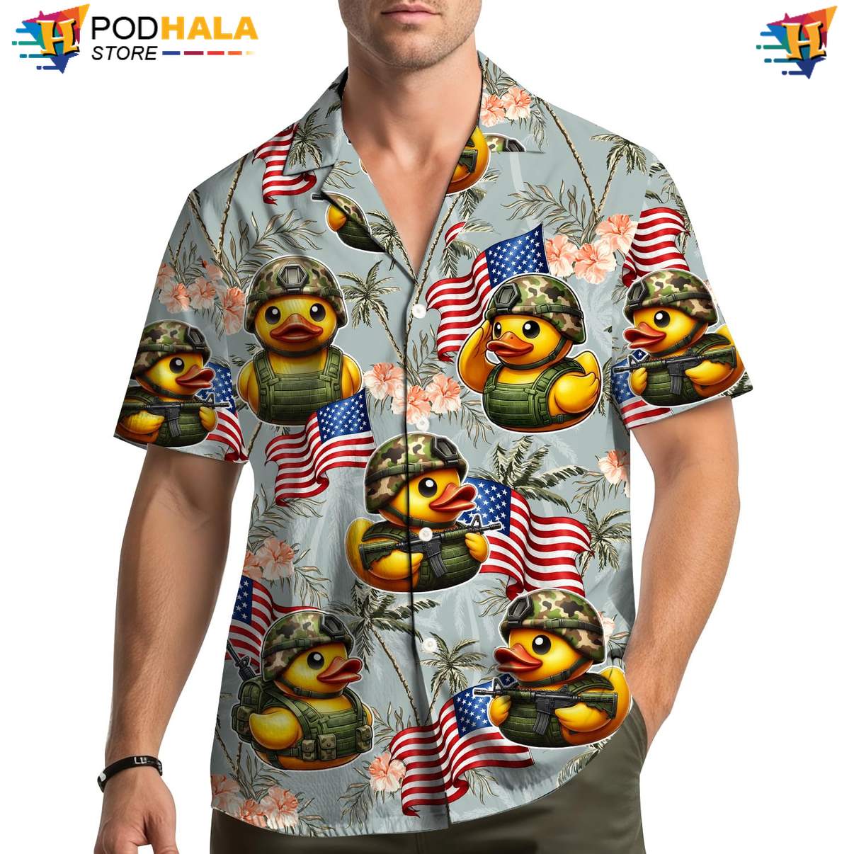 Gray USA Flag Duck Aloha Shirt Mens Patriotic Fourth Of July Beachwear