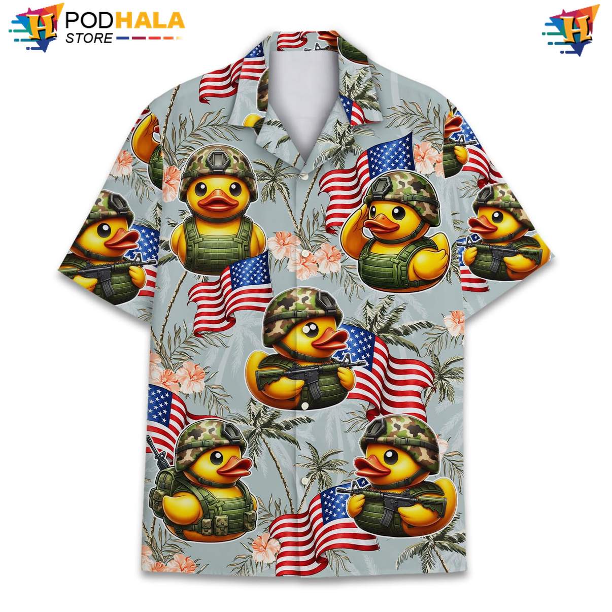 Gray USA Flag Duck Short-sleeve button-up shirt Mens Patriotic Fourth Of July Beachwear Gray USA Flag Duck Short-sleeve button-up shirt Mens Patriotic Fourth Of July Beachwear