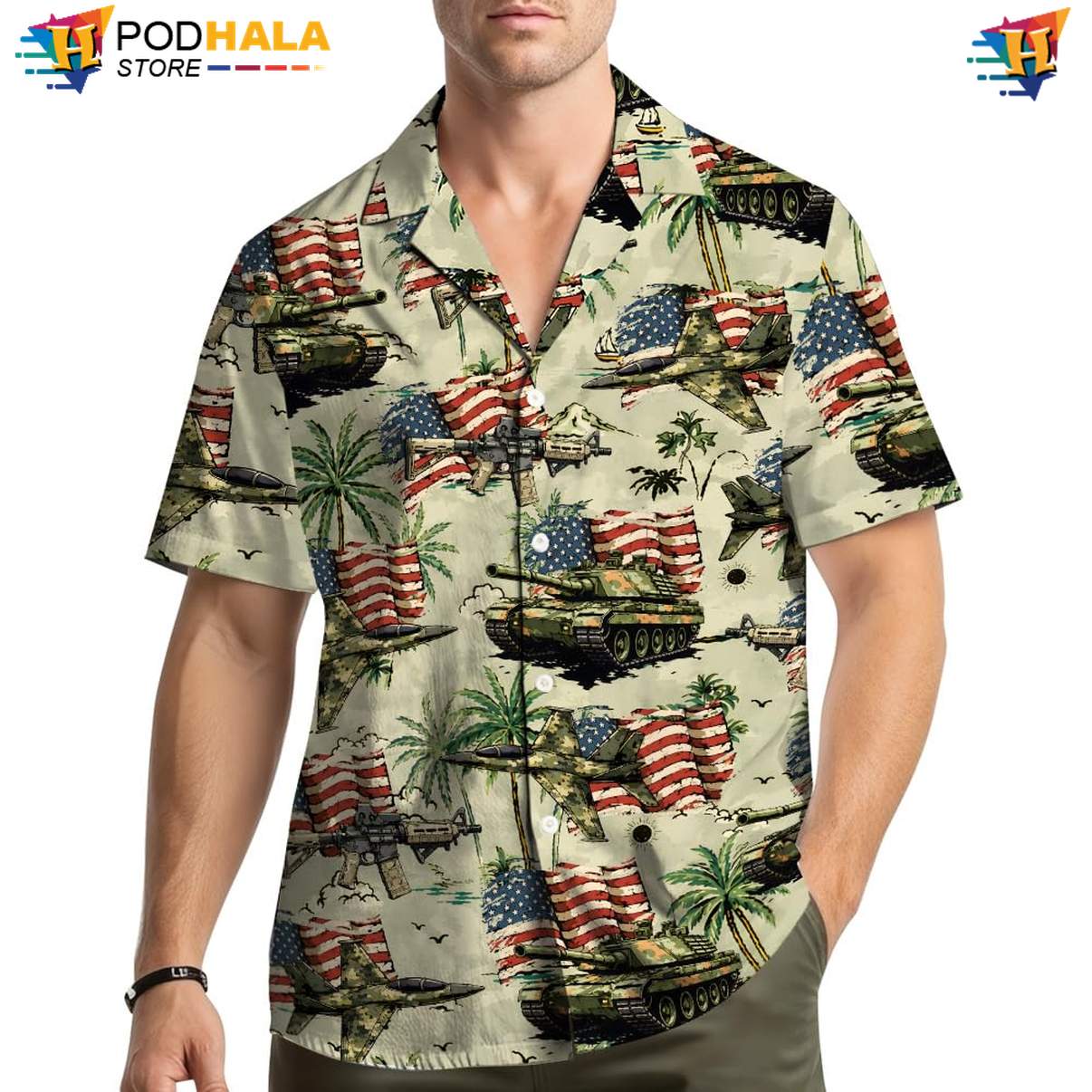 Gray USA Flag Tank Hawaiian Shirt Mens Patriotic Fourth Of July Military