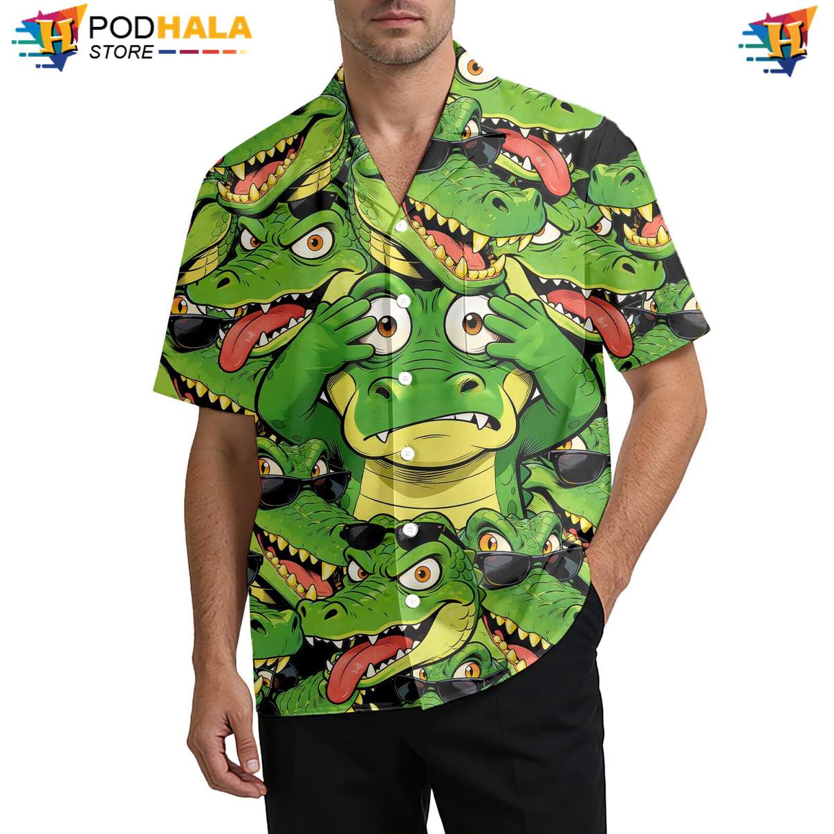 Green Alligator Aloha Shirt Mens Funny Summer Beach Party Holiday Outfit